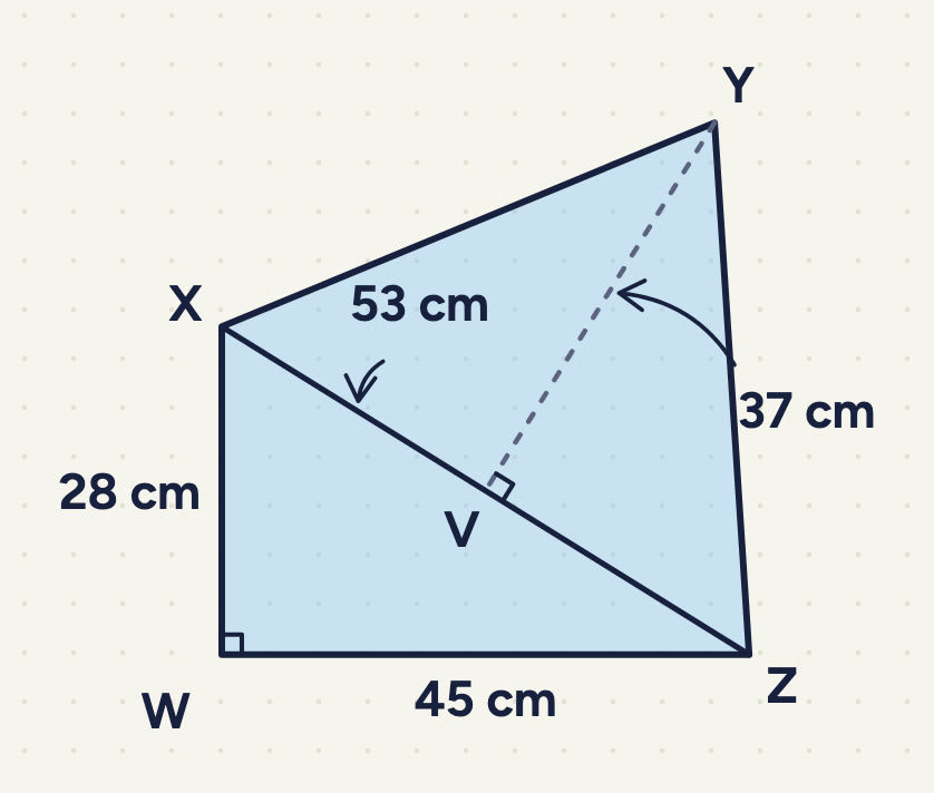 A shaded figure WXYZ: W at the bottom left with a right-angle mark, X straight above W, Z at the bottom right and Y high up at the top right. WX = 28 cm, WZ = 45 cm and the line XZ = 53 cm; a dashed line YV = 37 cm runs from Y to V on XZ with a right-angle mark at V.