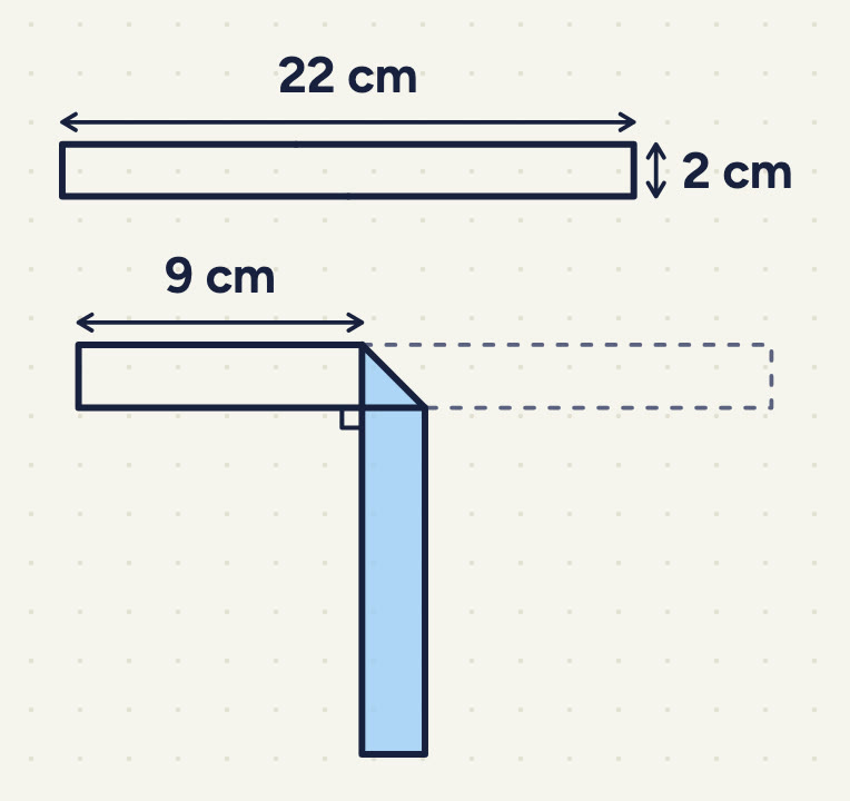 Two drawings. Top: a long rectangular ribbon, 22 cm long and 2 cm wide. Bottom: the same ribbon after folding. The left part, marked 9 cm with an arrow, stays flat and white. At the end of this 9 cm, the rest of the ribbon is folded down along a slanting fold line, so that it hangs straight down and is shaded; the length of the hanging part is not labelled. The top edge of the shaded part is the slanting fold. A right-angle mark shows where the shaded part meets the bottom edge of the white part. A dashed outline to the right shows where the folded part was before it was folded.