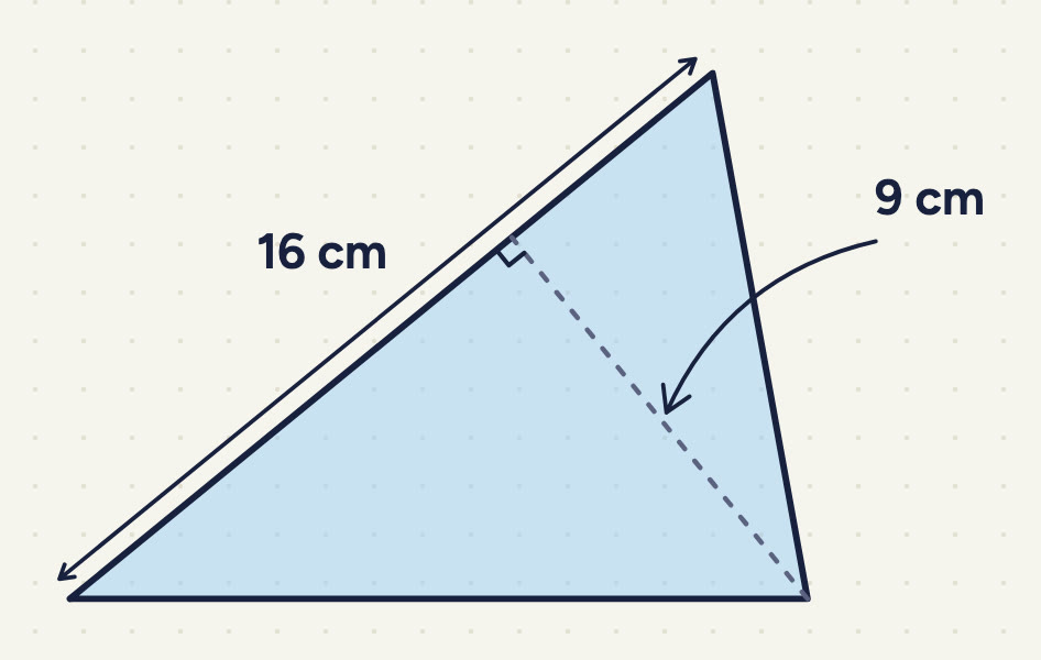 A shaded triangle with a level bottom side. Its upper-left side, from the bottom-left corner up to the top corner, is marked 16 cm with a double-headed arrow. A dashed line from the bottom-right corner meets the 16 cm side at a right angle (a right-angle mark), 11 cm from the bottom-left corner, and is labelled 9 cm.
