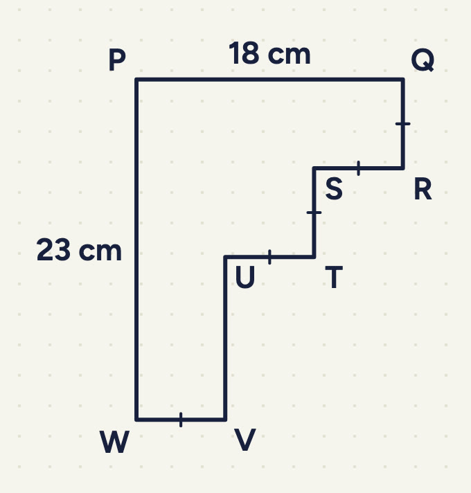 An 8-sided staircase PQRSTUVW: PQ = 18 cm along the top, PW = 23 cm down the left side; single ticks on QR, RS, ST, TU and VW; UV has none.