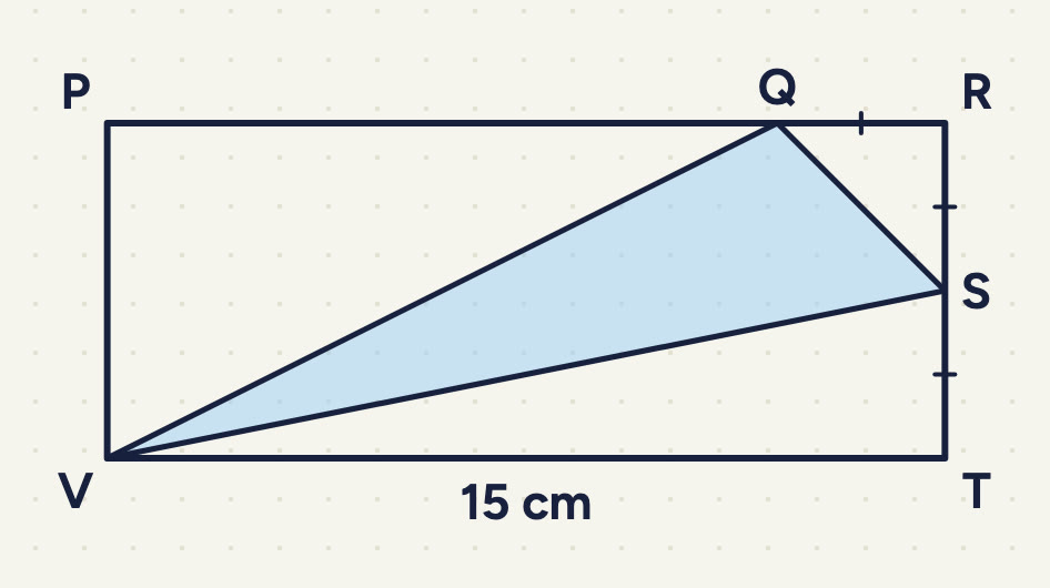 Rectangle PRTV (P top left, R top right, T bottom right, V bottom left); VT = 15 cm. Q on PR and S on RT; QR, RS and ST each carry a single tick. Triangle QSV shaded.