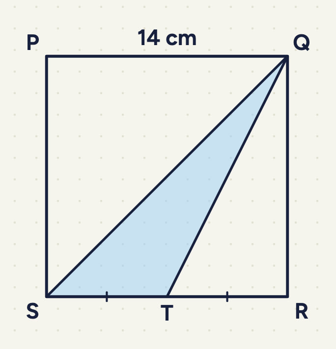 Square PQRS (P top left, Q top right, R bottom right, S bottom left), PQ = 14 cm; T on SR with ST and TR ticked; triangle QST shaded.