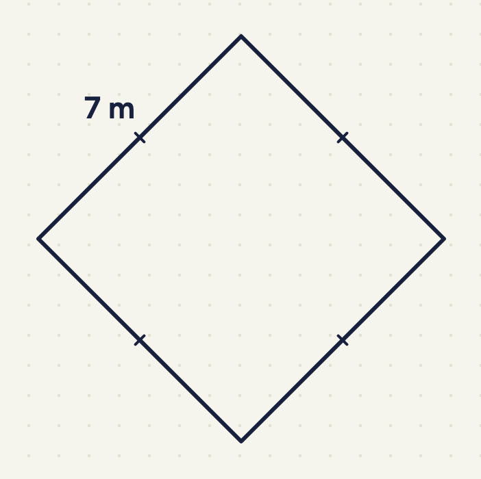 a square turned on one corner (a diamond), upper-left side 7 m, a tick on each side.