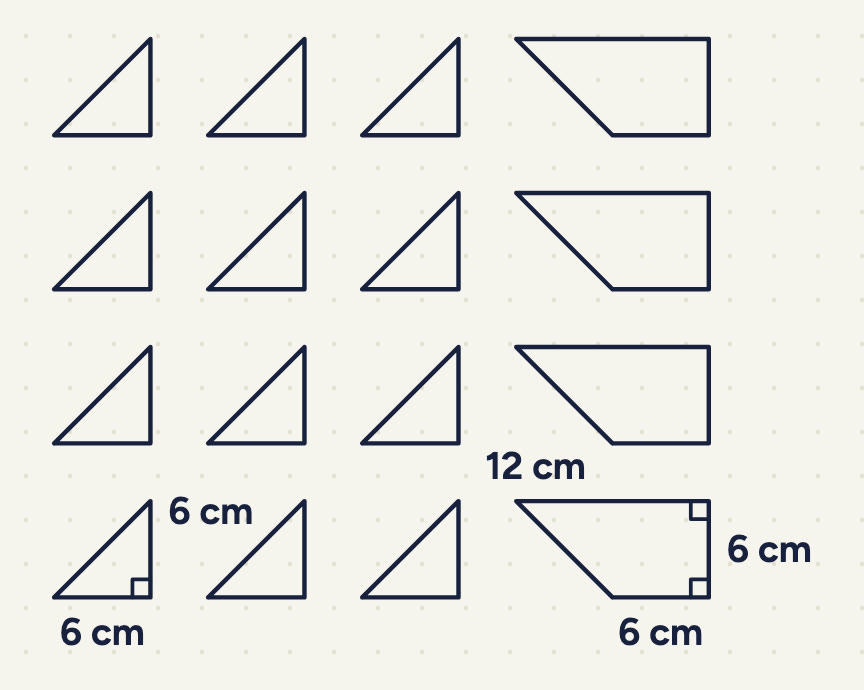 The cut-out sheet: 4 rows, each of 3 identical right-angled triangles (the right angle at the bottom right, the upright side 6 cm and the bottom side 6 cm) and 1 trapezium (right angles at its top-right and bottom-right corners; top 12 cm, right side 6 cm, bottom 6 cm).