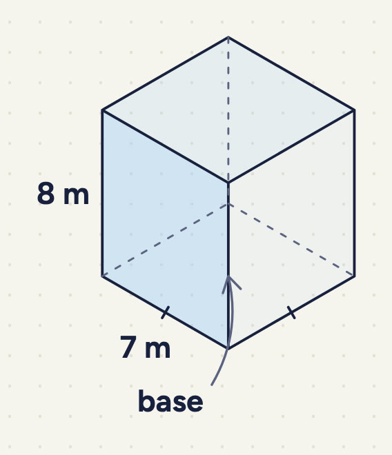 a tall rectangular tank labelled 8 m (height); its square bottom face is labelled "base", one base edge is labelled 7 m, and the base edges carry equal-length tick marks