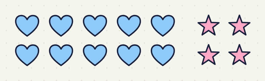 10 hearts in 2 rows of 5 and 4 stars in 2 rows of 2;