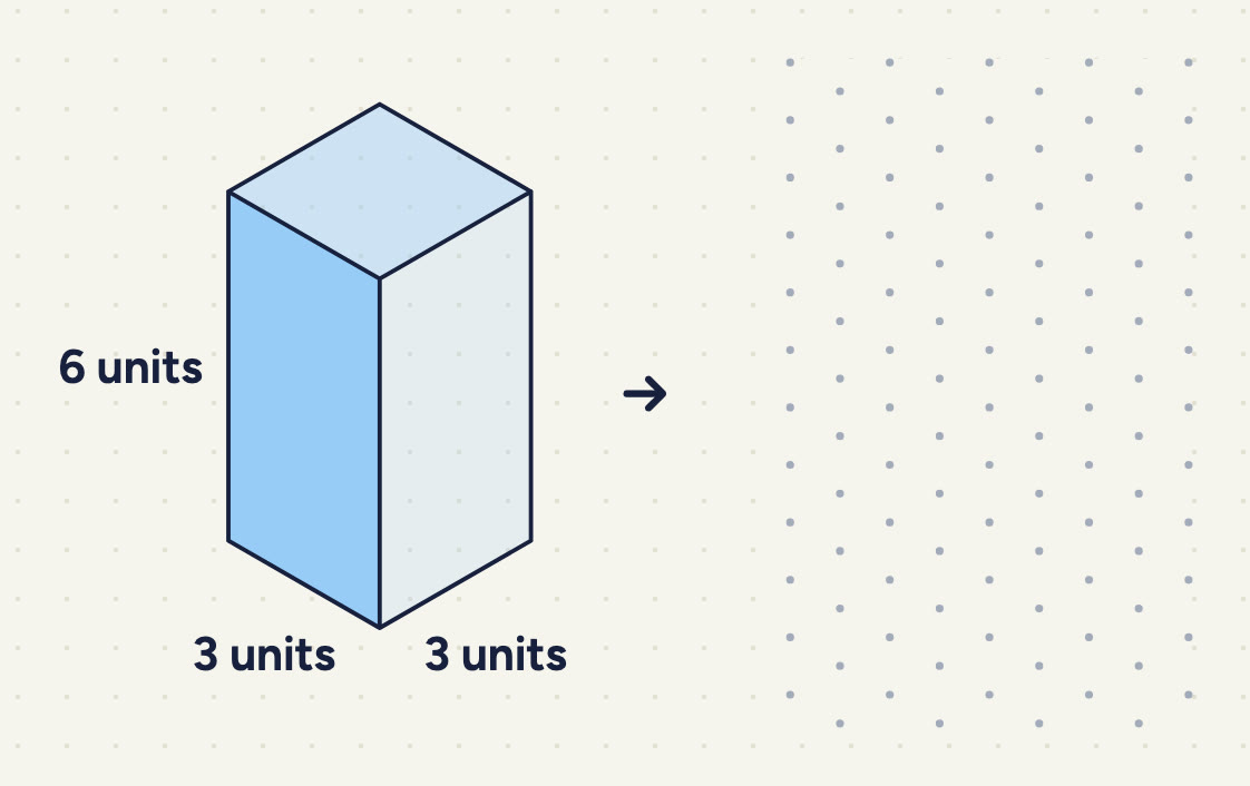 a tall cuboid labelled 3 units, 3 units and 6 units (height).