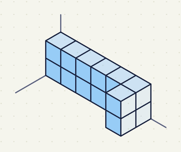 to (f), each in a corner of three axis lines. (a) a back row 6 cubes long and 2 high, a column of 2 in front of its right end.