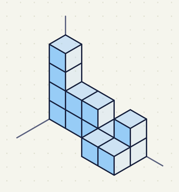 a back row 4, 2, 2, 1 and 2 high, 2 cubes on the floor in front of its 4th and 5th columns.