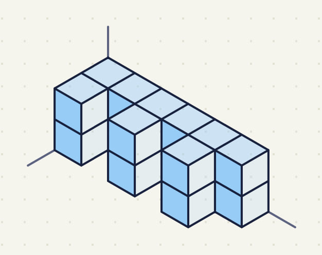 a back row 6 long and 2 high, 3 separate columns of 2 in front of its 1st, 3rd and 5th cubes.