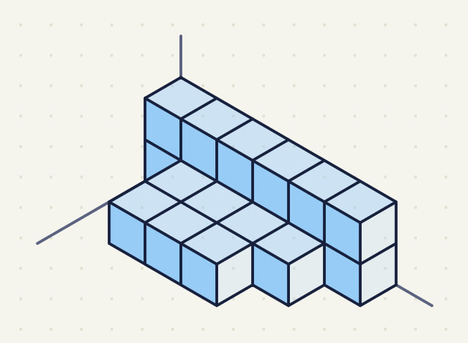 a back row 6 long and 2 high, a row of 4 in front of its 2nd to 5th columns, a row of 3 in front of its 2nd to 4th.