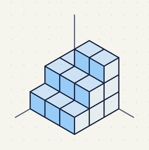 to (f), drawn as in question 1. (a) 3 wide and 3 deep, in steps: the back row 2, 3 and 3 cubes high, the middle row 2 high, the front row 1 high.