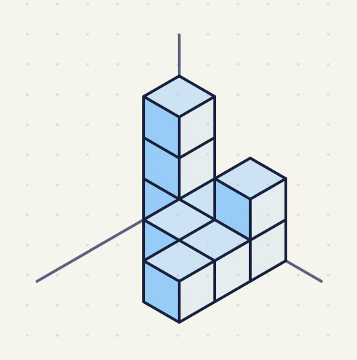 a back row 3, 1 and 2 high, 2 cubes on the floor in front of its middle and right columns, 1 in front of the right column.