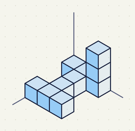 a back row 1, 1 and 3 high, a line of 2 coming forward from the middle column, a front row of 3.