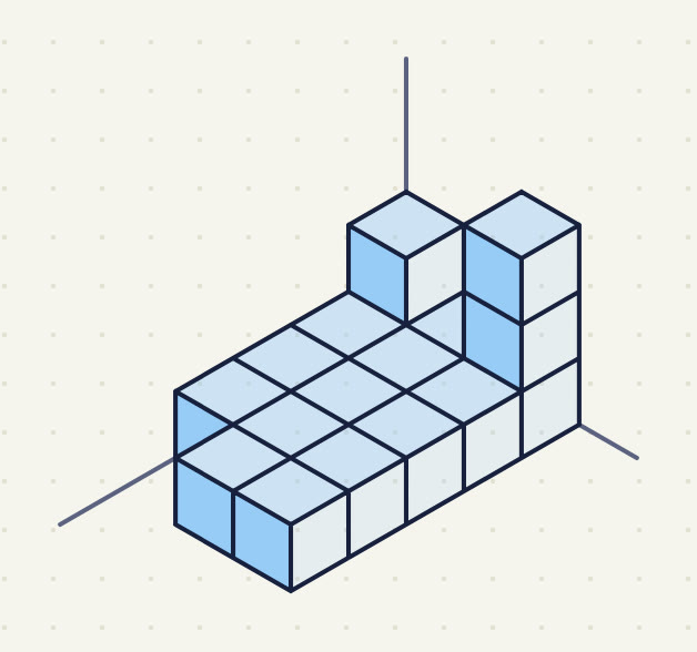 a back row 2, 1 and 3 high, then 3 rows of 3 cubes, then 2 cubes in line with the middle and right columns.
