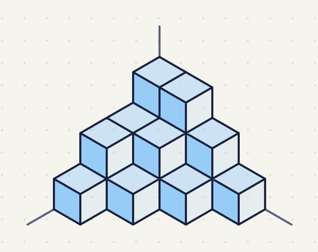 a stepped pile: back row 3, 3, 2 and 1 high, then 2, 2 and 1, then 2 and 1, then 1, from the left.