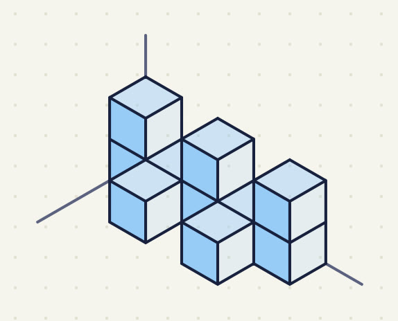 a back row of 5 cubes, 2 more on the floor in front of its 2nd and 4th cubes, and single cubes on its 1st, 3rd and 5th cubes.