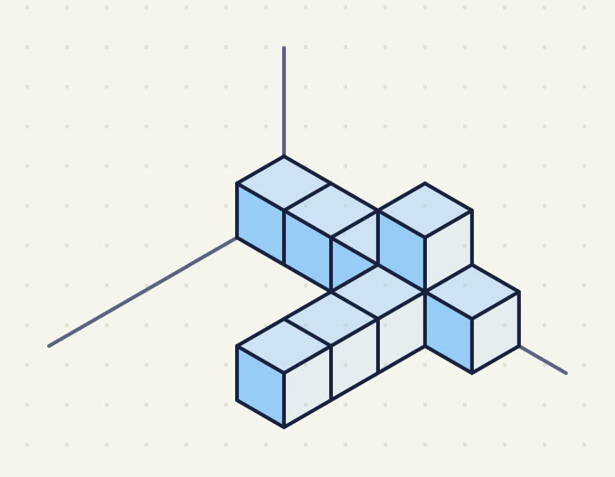 a back row of 5 cubes, a line of 3 coming forward in front of its 4th cube, 1 cube on its 4th cube.