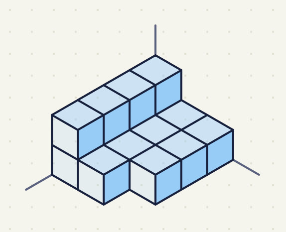 A solid of unit cubes standing in a corner, drawn the other way round so that the wall corner is on the right. Back row: 4 cubes in a line, raised one layer up so they sit on 4 cubes underneath; the lower cubes are hidden behind the middle row except for the side face of the left-hand one. Middle row: 4 cubes on the floor, in front of the back row. Front row: 3 cubes on the floor, in front of the 1st, 2nd and 3rd cubes of the middle row, counting from the wall corner on the right.