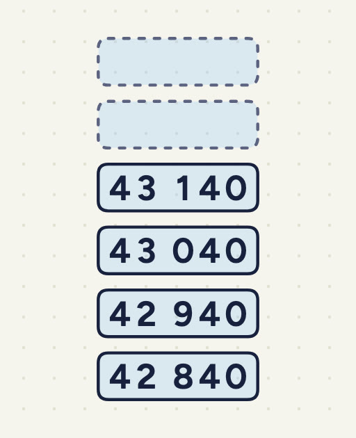 ____, ____, 43 140, 43 040, 42 940, 42 840