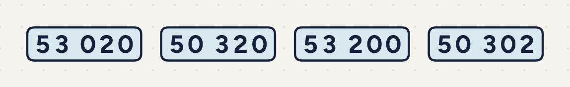Four number cards: 53 020, 50 320, 53 200, 50 302.