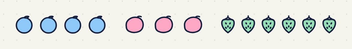 a row of fruit, 4 oranges, then 3 mangoes, then 6 strawberries