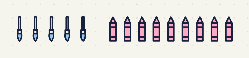 5 paintbrushes standing in a row and, to the right, 9 crayons standing in a row