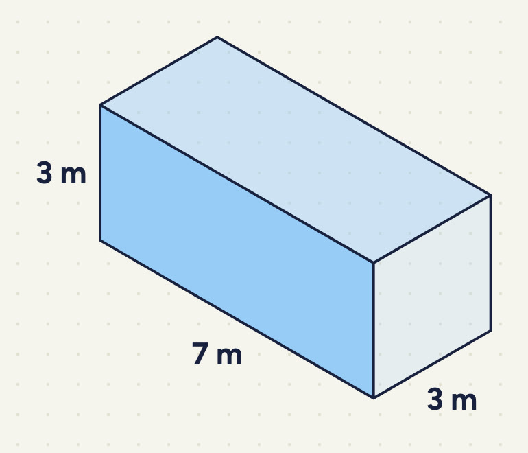 a cuboid; its length is labelled 7 m, its height 3 m and its width 3 m.