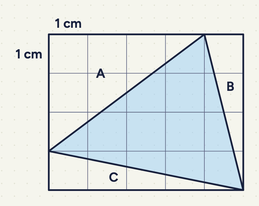 A grid of 1 cm squares, 5 squares wide and 4 squares tall; the side of one square is marked 1 cm across the top and 1 cm down the left. A shaded triangle has its corners at the bottom-right corner of the grid, at a point on the top edge 1 square from the right, and at a point on the left edge 1 square above the bottom. The three right-angled pieces of the grid outside the triangle are labelled A (top left), B (top right) and C (along the bottom).