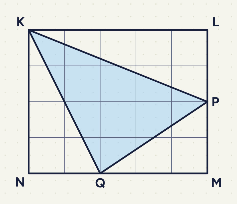 A 5 × 4 grid of 1-cm squares with corners K (top left), L (top right), M (bottom right) and N (bottom left); P on LM 2 squares below L, Q on NM 2 squares from N; KPQ shaded.