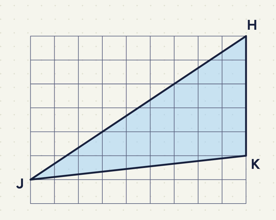 9 × 7: H the top-right corner, K on the right edge 2 squares above the bottom-right corner, J on the left edge 1 square above the bottom-left corner; HJK shaded.