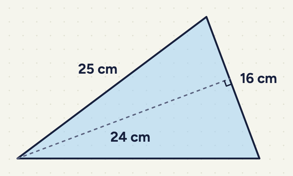 right side 16 cm, left side 25 cm, a dashed 24 cm from the bottom-left corner to the right side at a right angle.
