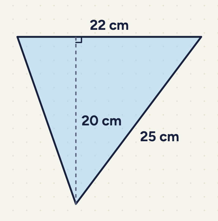 pointing down: top side 22 cm, a dashed 20 cm from the bottom corner up to it, right side 25 cm.