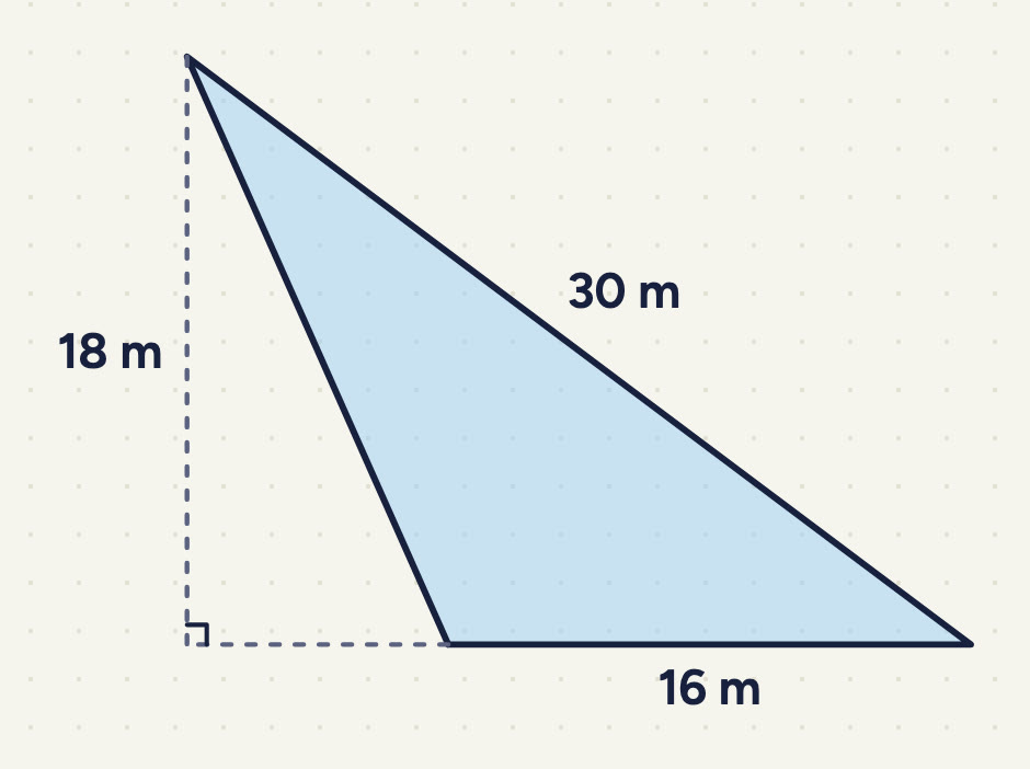 bottom side 16 m, right side 30 m, a dashed upright 18 m to the bottom side made longer to the left.