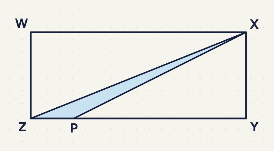 Rectangle WXYZ (W top left, X top right, Y bottom right, Z bottom left); P on ZY, close to Z; the thin triangle ZPX shaded. No measurements.