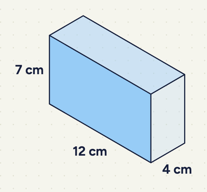 a cuboid labelled 12 cm (length), 4 cm (depth) and 7 cm (height).