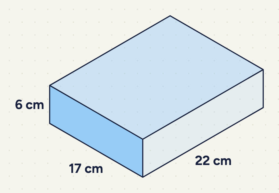 a flat cuboid labelled 17 cm (front edge), 22 cm (long slanting edge) and 6 cm (height).