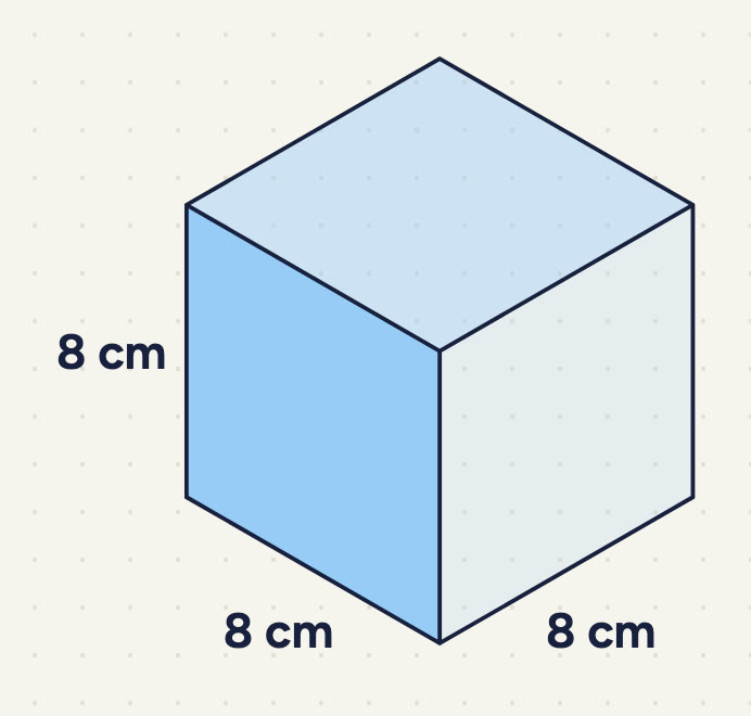 a cube labelled 8 cm, 8 cm and 8 cm.