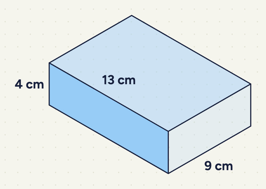 a cuboid labelled 13 cm (top edge), 9 cm (slanting edge) and 4 cm (height).