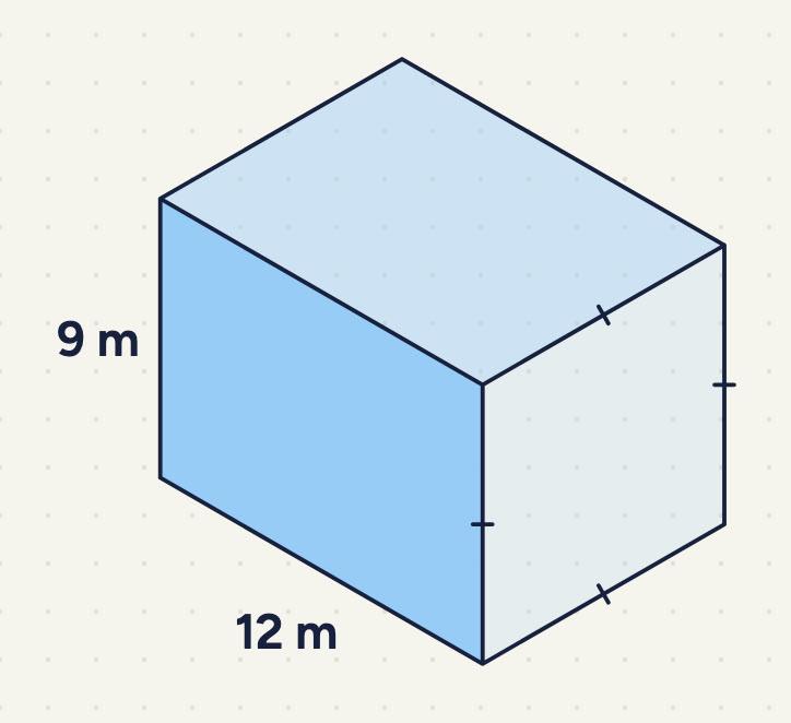 a cuboid labelled 12 m (length) and 9 m (height); the four edges of its right-hand end face carry equal-length tick marks, so the end face is a square.