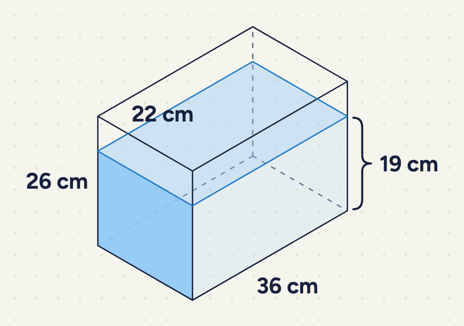 a rectangular tank labelled 22 cm (front top edge), 36 cm (long slanting edge) and 26 cm (height); the water (shaded) is 19 cm high