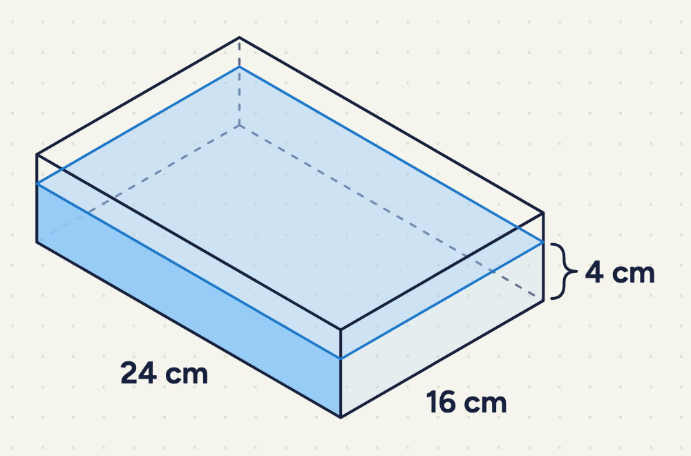 a rectangular glass tank labelled 24 cm (length) and 16 cm (slanting edge); the water (shaded) is 4 cm high.
