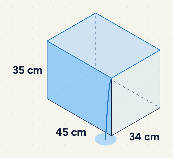 A rectangular tank, 45 cm long, 34 cm wide and 35 cm high, completely full of water (shaded), with water spilling over the top edges and running down the front and side faces.