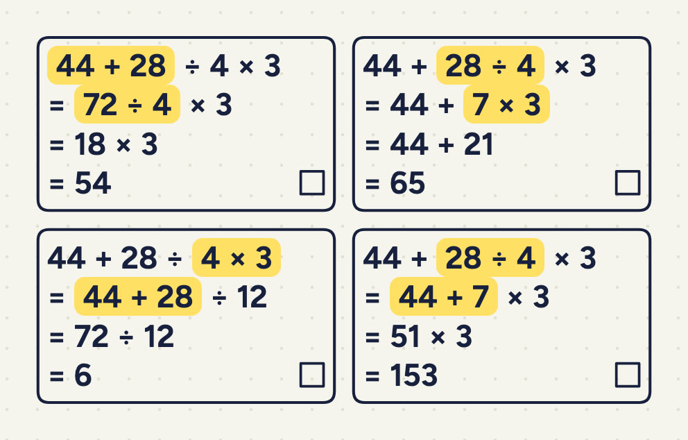Four boxes of working in a 2 × 2 grid, each with a tick box in its bottom right corner; in each line, the part worked out next is underlined.
