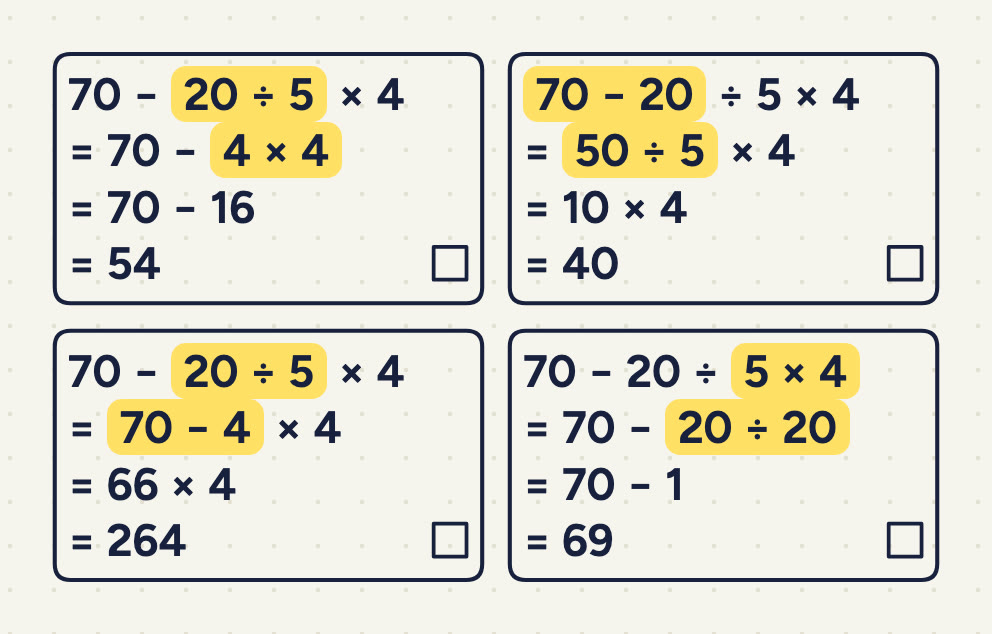 Four boxes of working in a 2 × 2 grid, each with a tick box in its bottom right corner; in each line, the part worked out next is underlined.